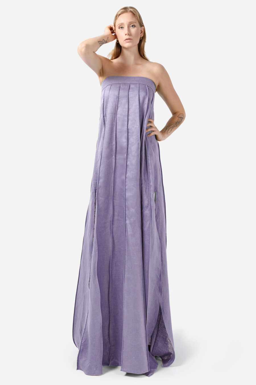 Lilac Designer Linen Maxi Dress Pleated With Slit Strapless Fit Kargede Front Tall Angle Adjust