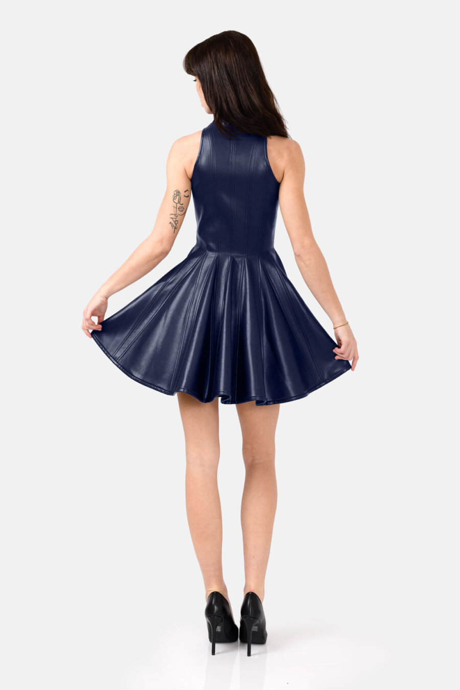 Navy Blue Faux Leather Mini Dress Designer High Neck Zip Front Fit and Flare by Kargede back flared image