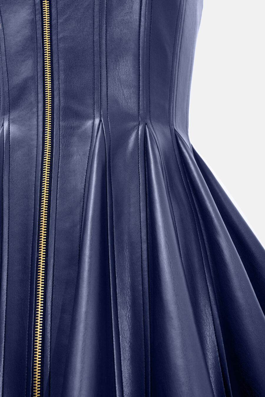 Navy Blue Faux Leather Mini Dress Designer High Neck Zip Front Fit and Flare by Kargede detail image