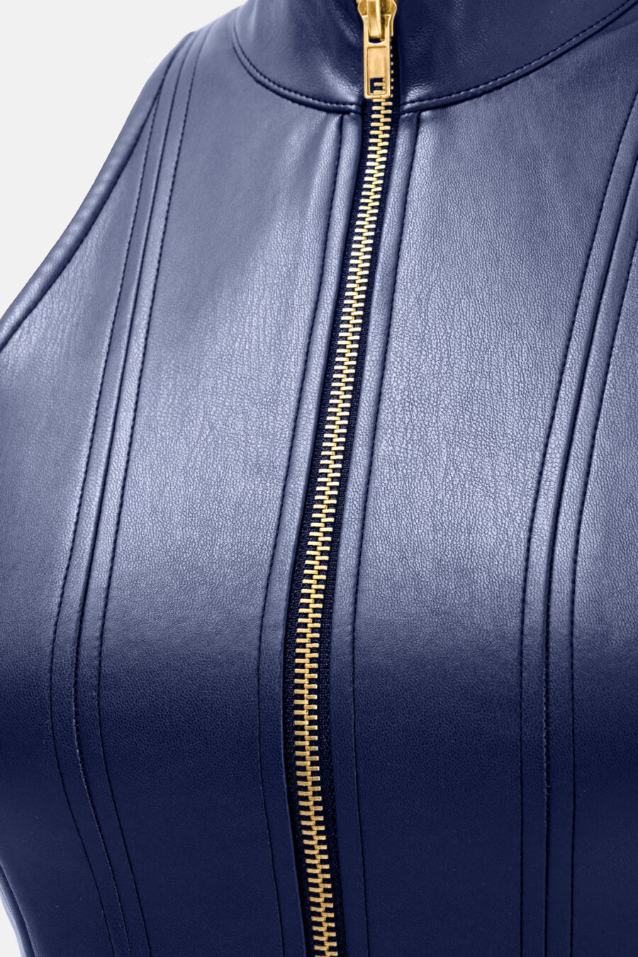 Navy Blue Faux Leather Mini Dress Designer High Neck Zip Front Fit and Flare by Kargede detail image