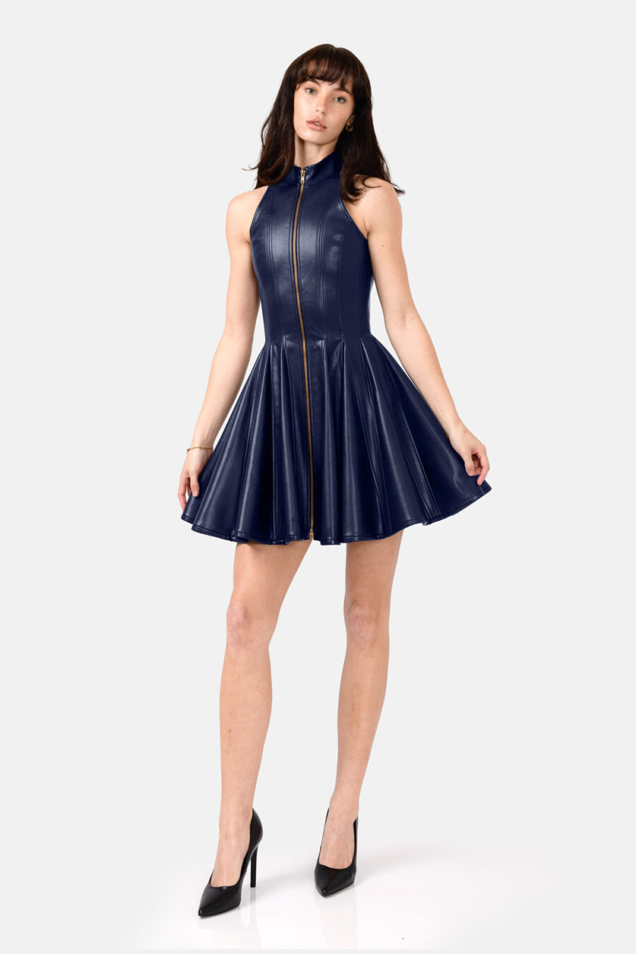 Navy Blue Faux Leather Mini Dress Designer High Neck Zip Front Fit and Flare by Kargede front image