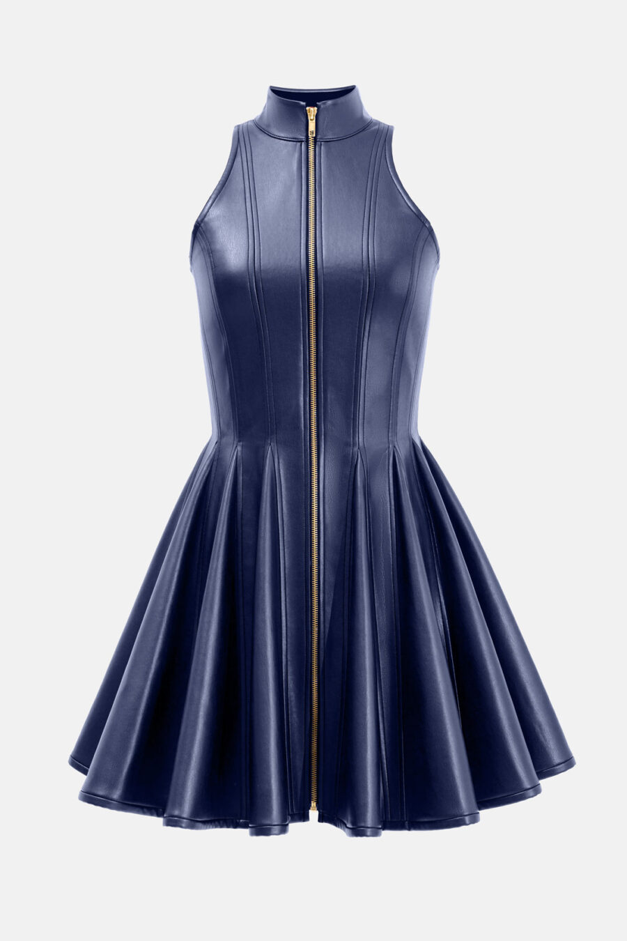 Navy Blue Faux Leather Mini Dress Designer High Neck Zip Front Fit and Flare by Kargede ghost mannequin image