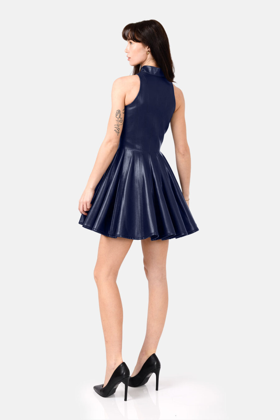 Navy Blue Faux Leather Mini Dress Designer High Neck Zip Front Fit and Flare by Kargede side image