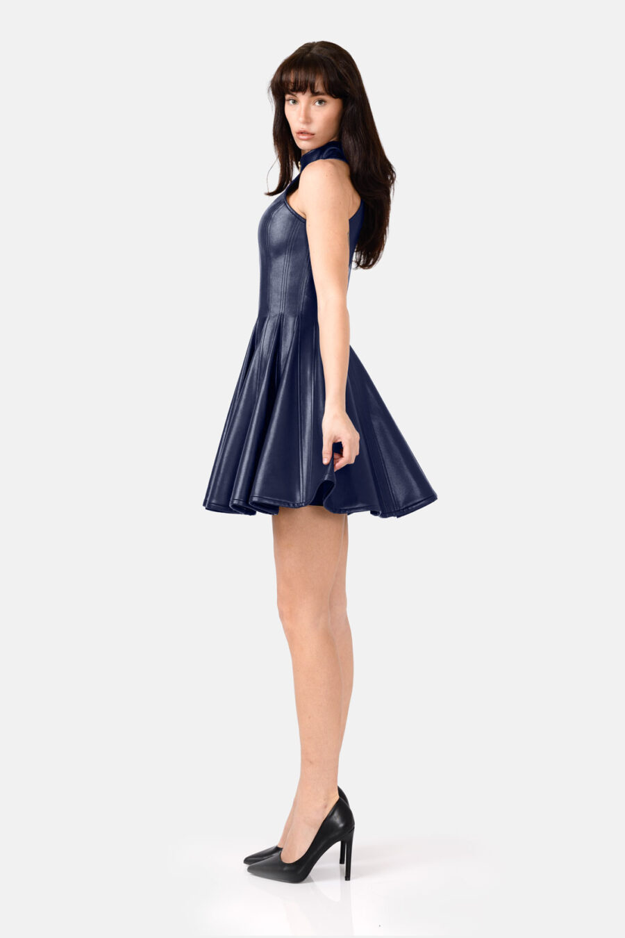Navy Blue Faux Leather Mini Dress Designer High Neck Zip Front Fit and Flare by Kargede side straight flared image