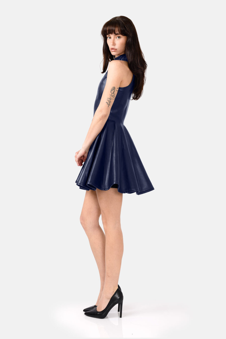 Navy Blue Faux Leather Mini Dress Designer High Neck Zip Front Fit and Flare by Kargede side straight image
