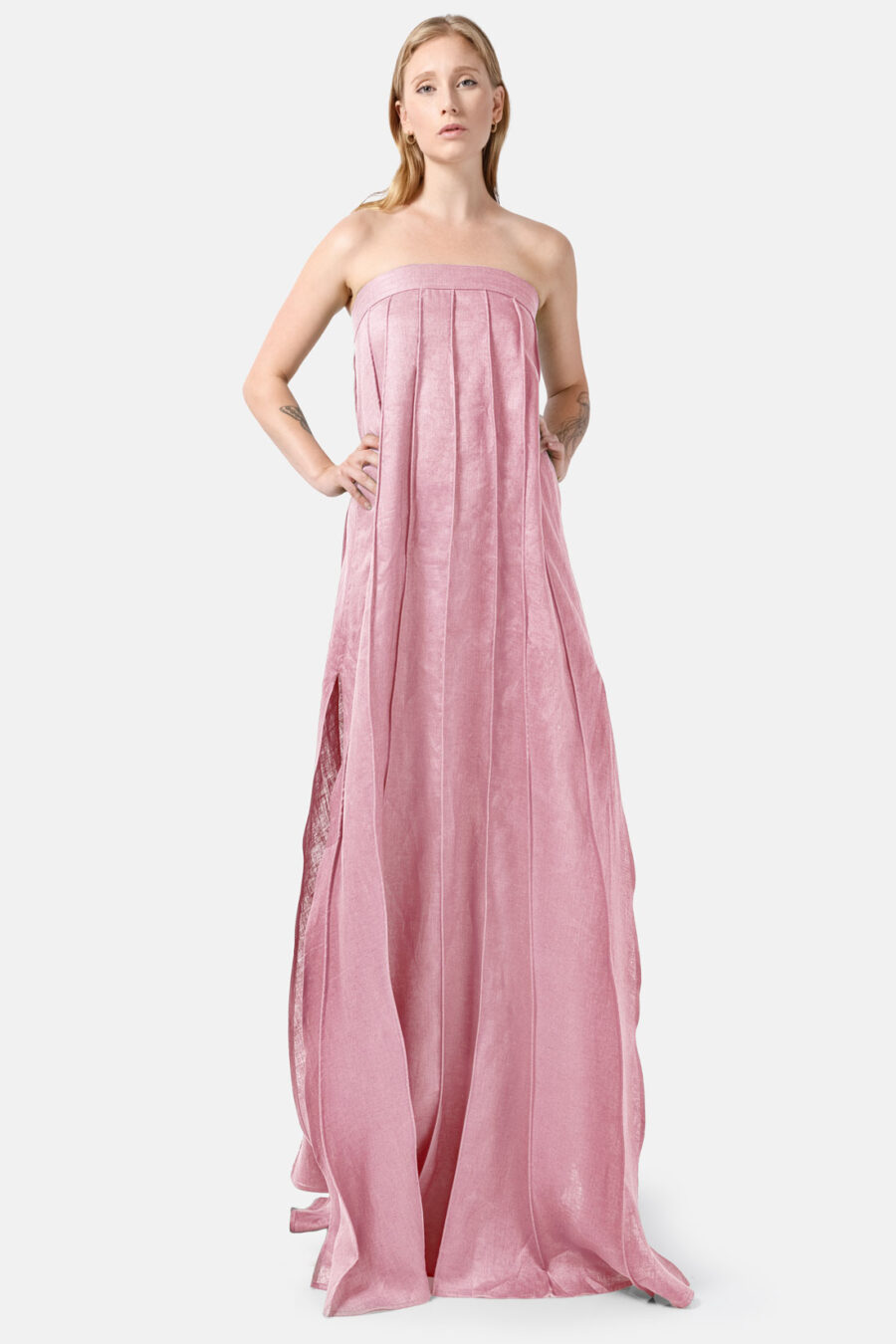 Pink Designer Linen Maxi Dress Pleated With Slit Strapless Fit Kargede Front Adjust