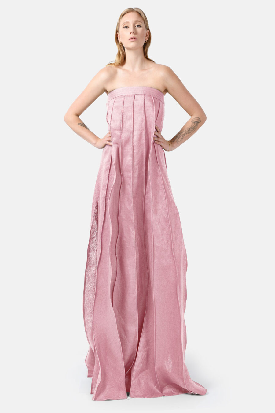 Pink Designer Linen Maxi Dress Pleated With Slit Strapless Fit Kargede Front Ruffled Angle Adjust