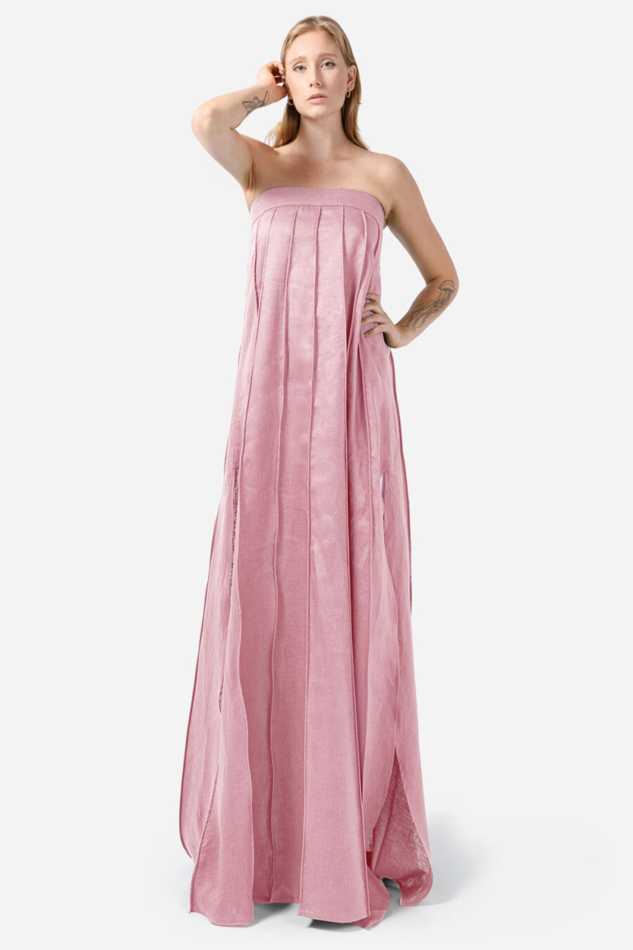 Pink Designer Linen Maxi Dress Pleated With Slit Strapless Fit Kargede Front Tall Angle Adjust