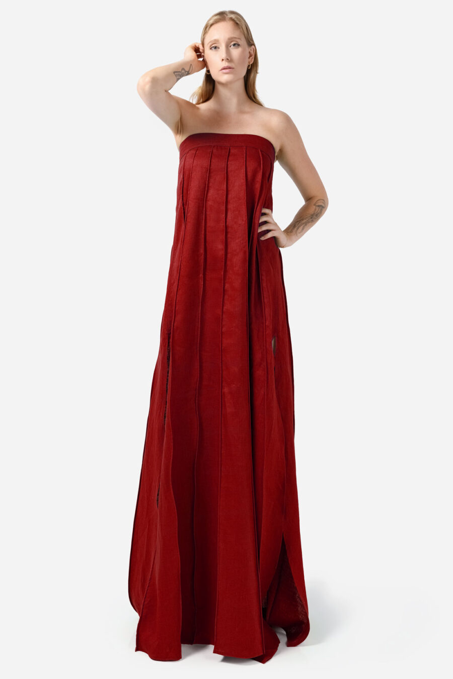 Red Designer Linen Maxi Dress Pleated With Slit Strapless Fit Kargede Front Tall Angle Adjust
