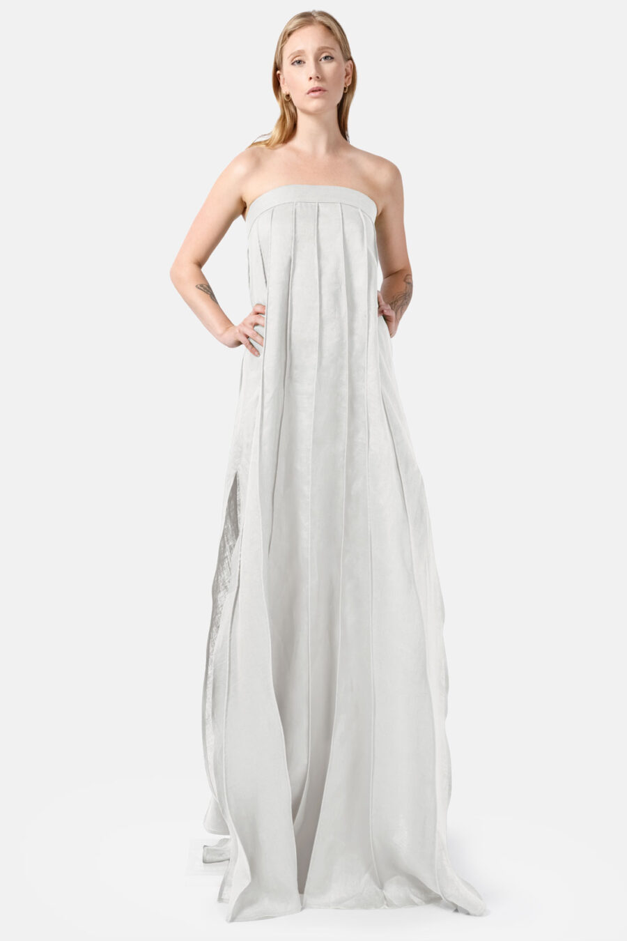 White Designer Linen Maxi Dress Pleated With Slit Strapless Fit Kargede Front Adjust