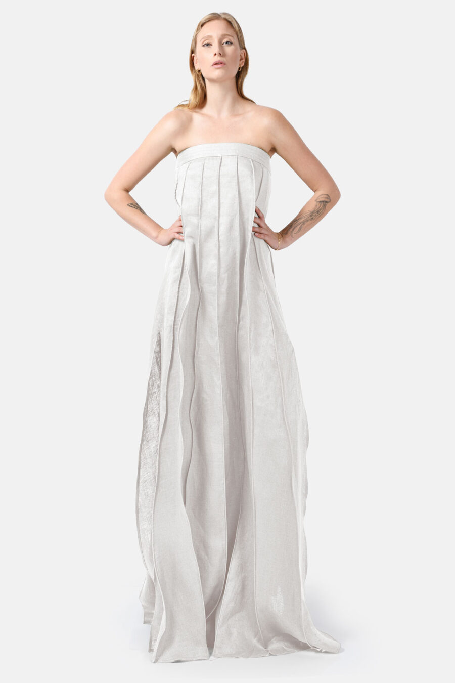 White Designer Linen Maxi Dress Pleated With Slit Strapless Fit Kargede Front Ruffled Angle Adjust