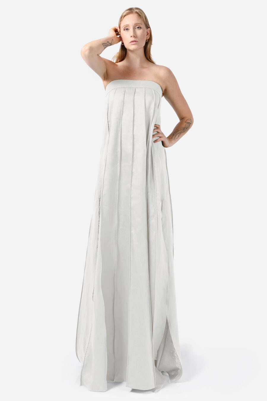 White Designer Linen Maxi Dress Pleated With Slit Strapless Fit Kargede Front Tall Angle Adjust