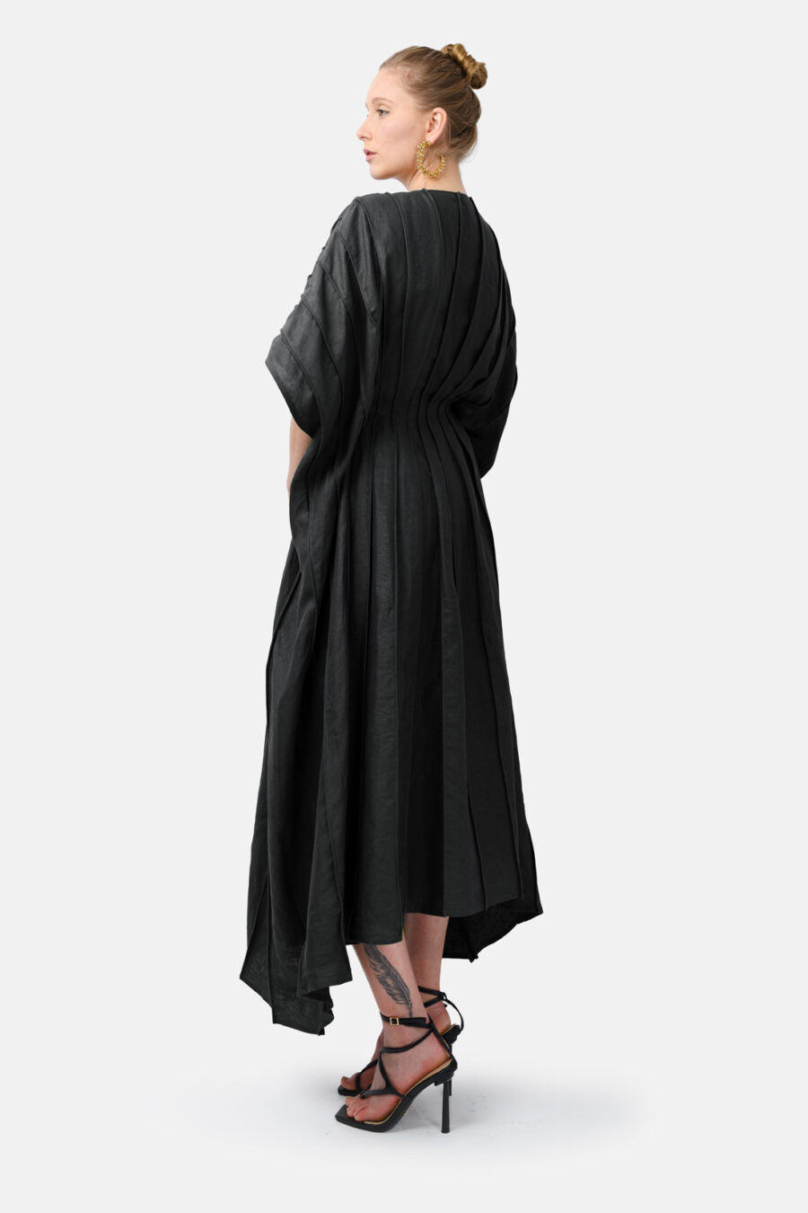 Black Designer Linen Kaftan Dress With Pleated Detail by Kargede Back Side