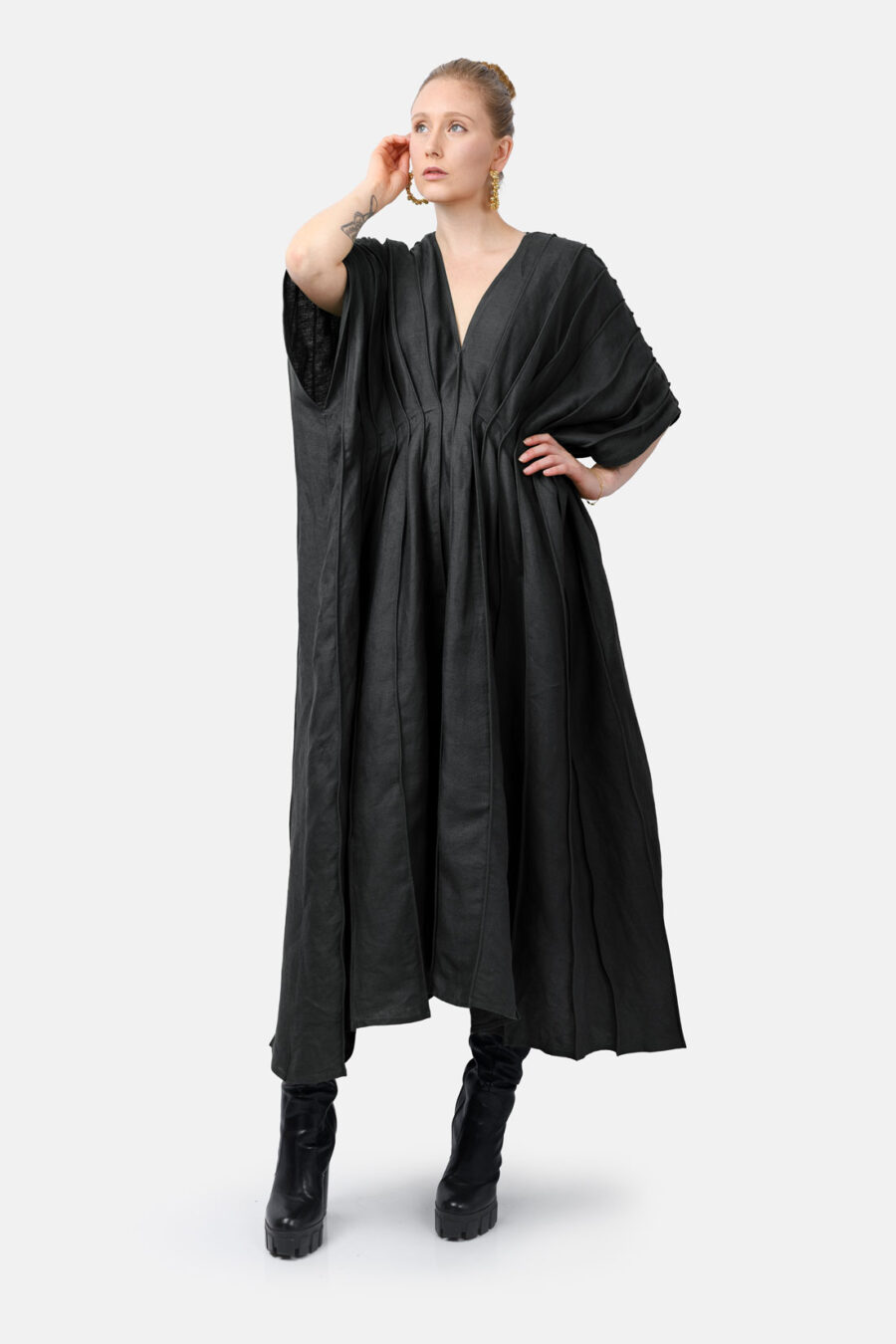 Black Designer Linen Kaftan Dress With Pleated Detail by Kargede Front Arm Raised