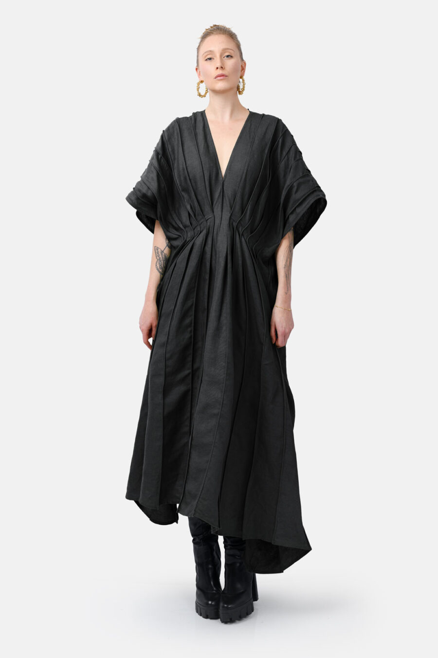 Black Designer Linen Kaftan Dress With Pleated Detail by Kargede Front Straight