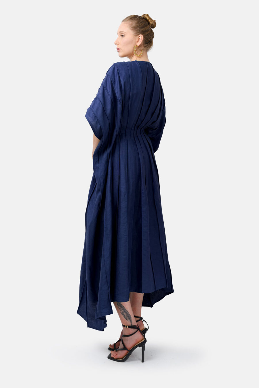 Blue Designer Linen Kaftan Dress With Pleated Detail by Kargede Back Side