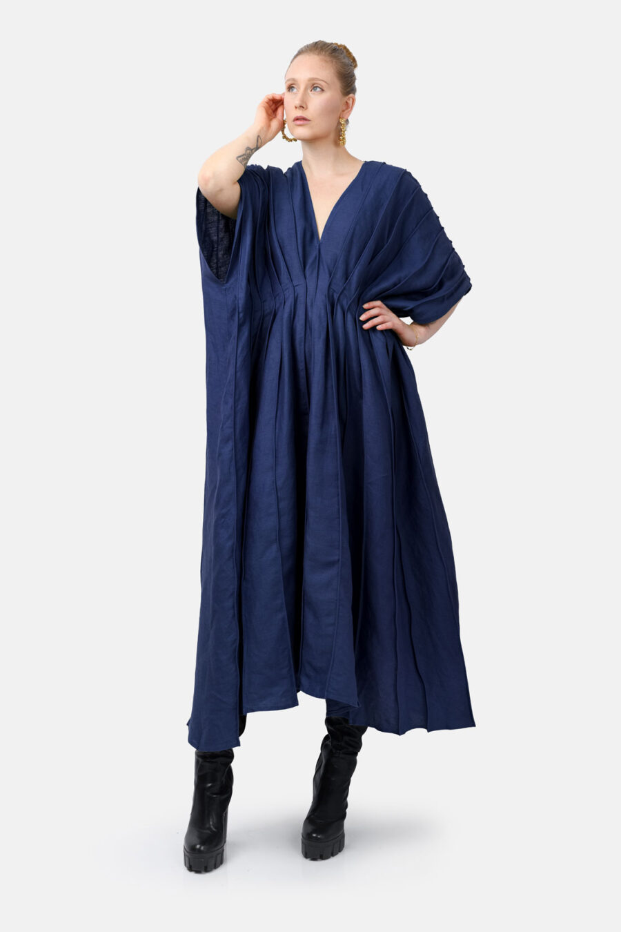 Blue Designer Linen Kaftan Dress With Pleated Detail by Kargede Front Arm Raised
