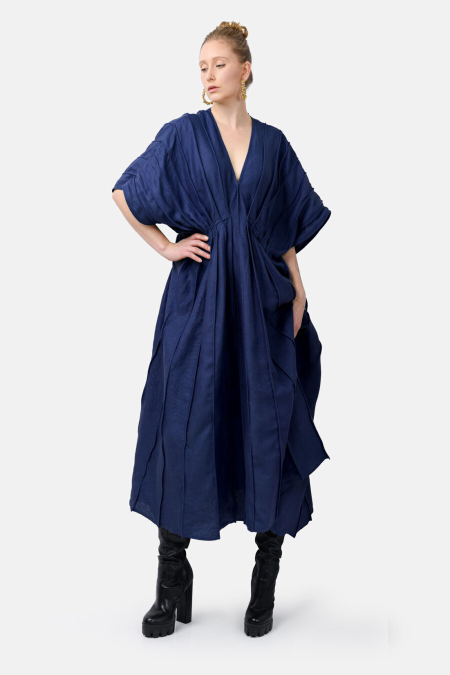 Blue Designer Linen Kaftan Dress With Pleated Detail by Kargede Front Ruffled