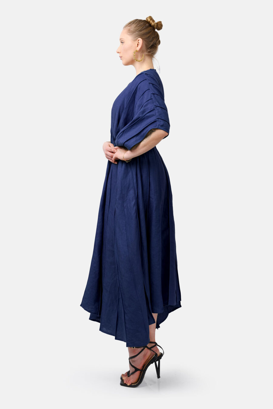 Blue Designer Linen Kaftan Dress With Pleated Detail by Kargede Front Side