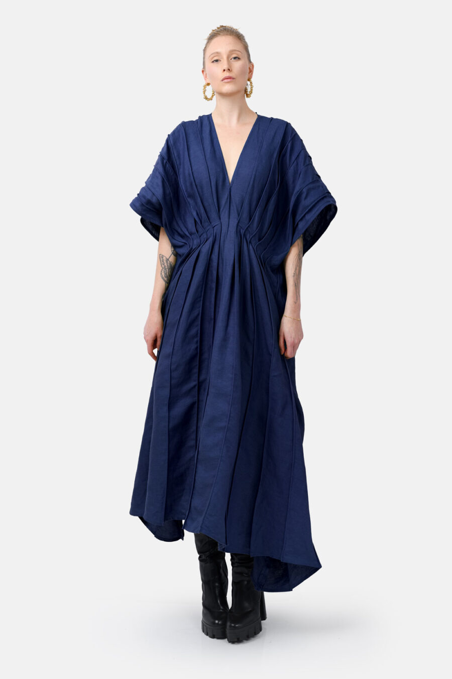 Blue Designer Linen Kaftan Dress With Pleated Detail by Kargede Front Straight