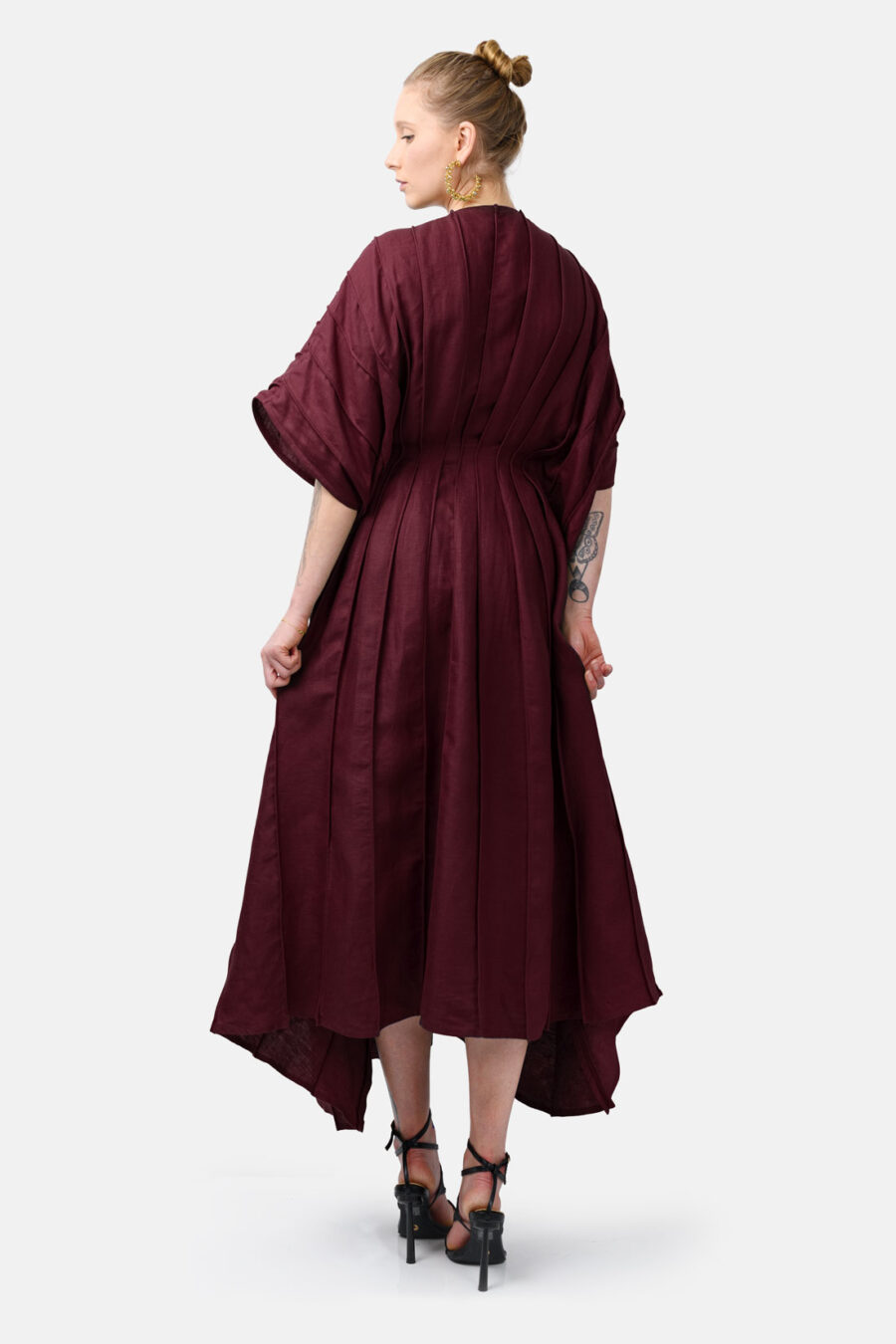 Burgundy Red Designer Linen Kaftan Dress With Pleated Detail by Kargede Back