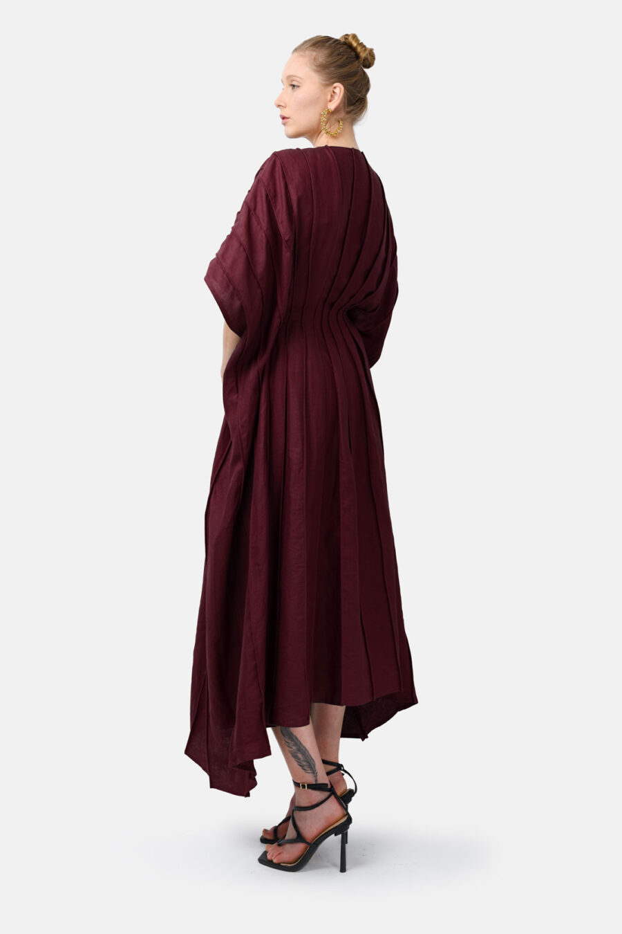 Burgundy Red Designer Linen Kaftan Dress With Pleated Detail by Kargede Back Side