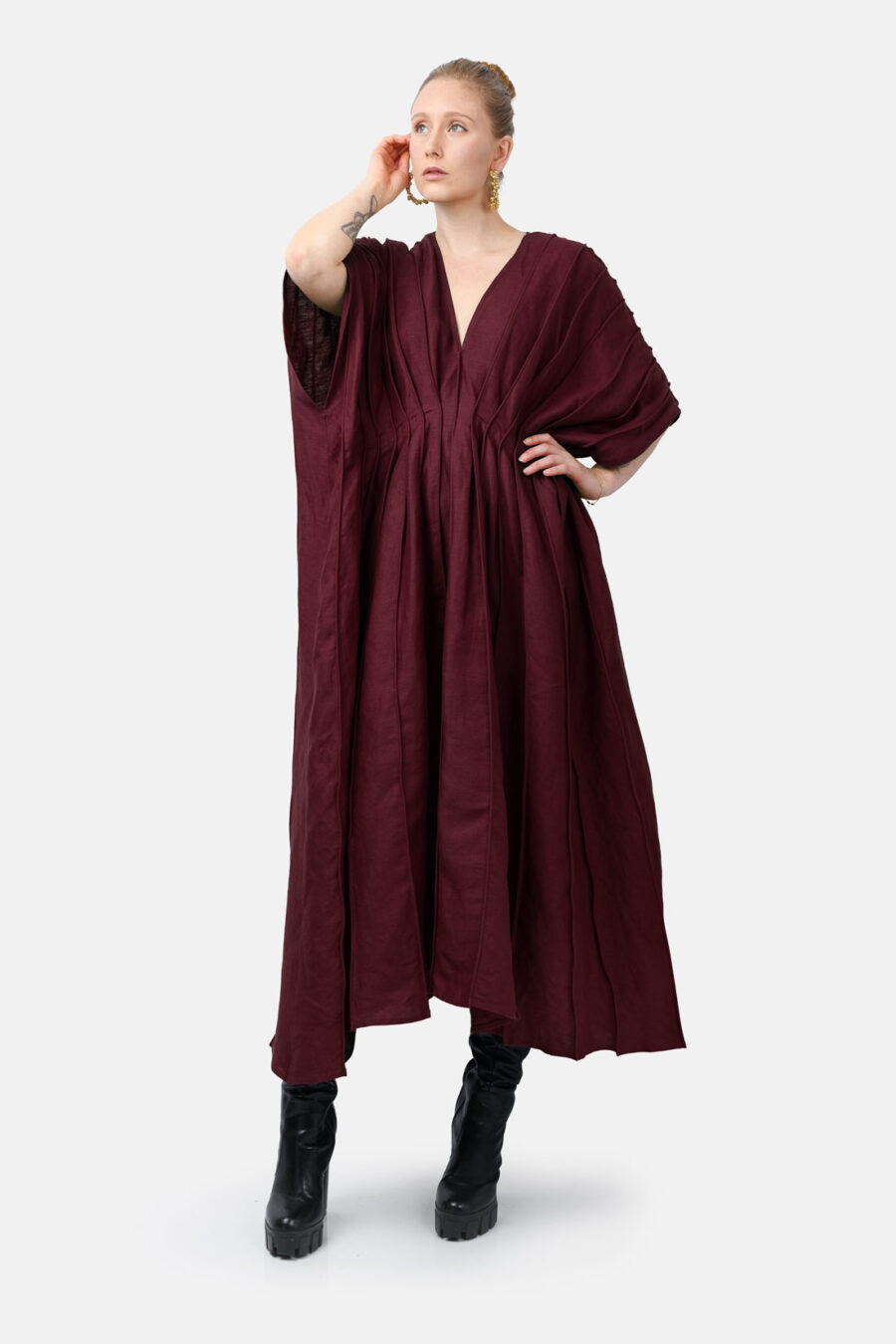 Burgundy Red Designer Linen Kaftan Dress With Pleated Detail by Kargede Front Arm Raised