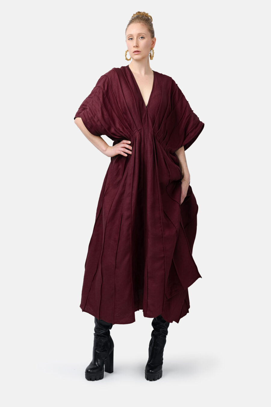 Burgundy Red Designer Linen Kaftan Dress With Pleated Detail by Kargede Front Ruffled