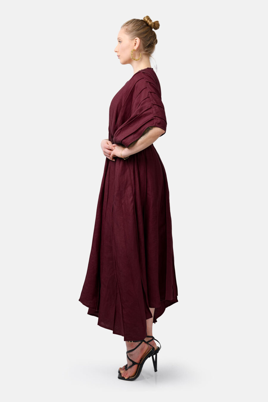 Burgundy Red Designer Linen Kaftan Dress With Pleated Detail by Kargede Front Side