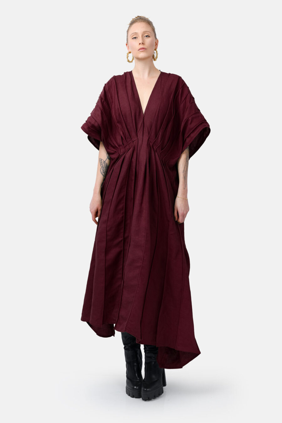 Burgundy Red Designer Linen Kaftan Dress With Pleated Detail by Kargede Front Straight