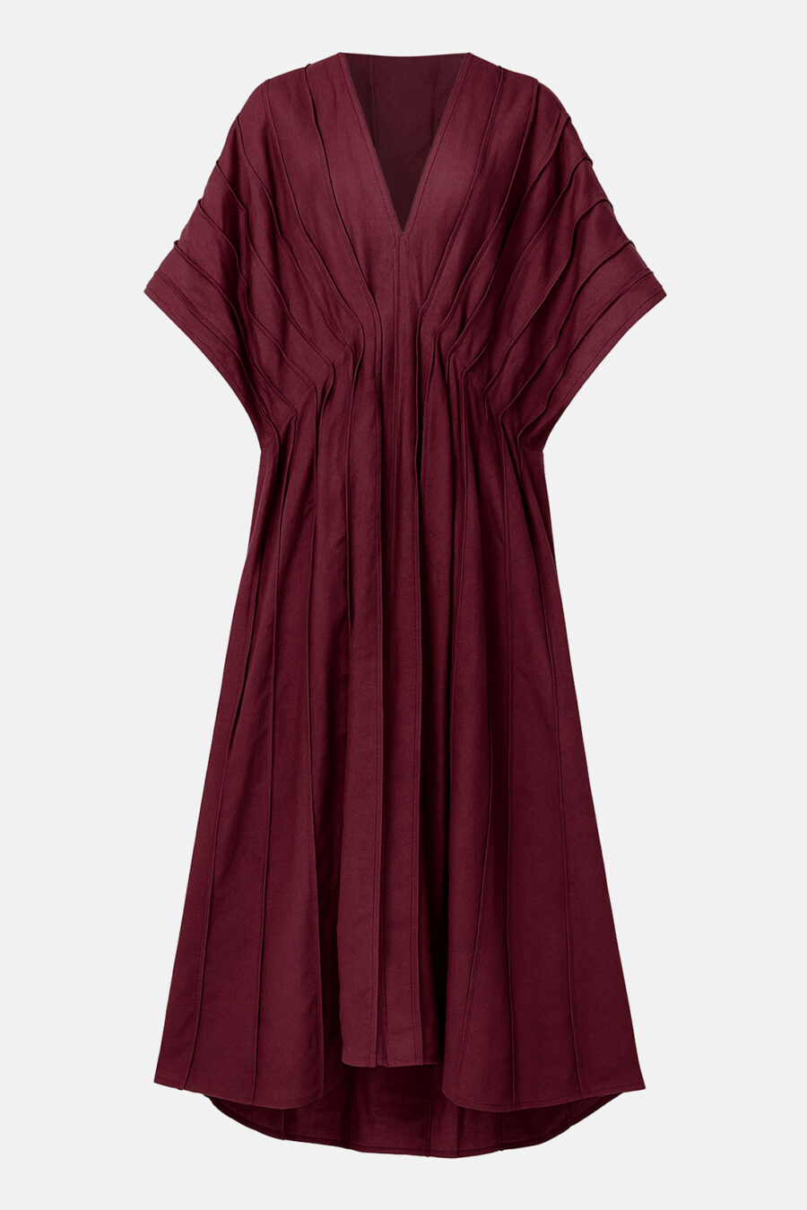 Burgundy Red Designer Linen Kaftan Dress With Pleated Detail by Kargede Ghost Mannequin