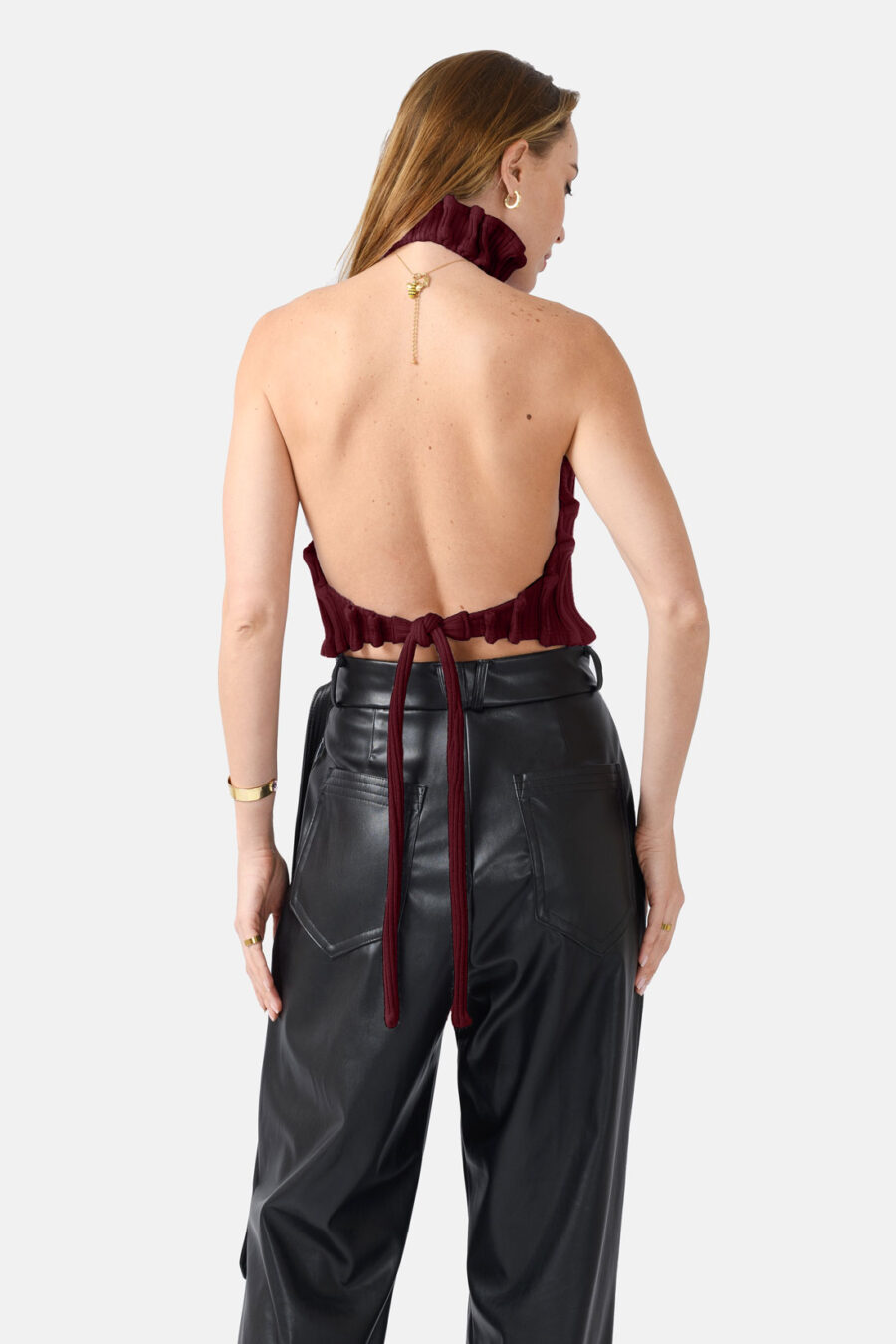 Burgundy Red Ribbed Knit Halter Top Pleated Kargede Designer Halter Top Knitwear Back