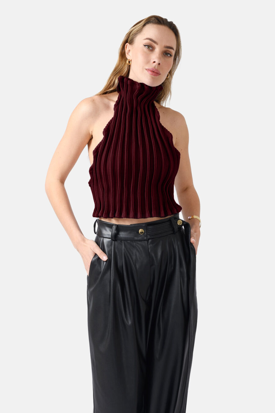 Burgundy Red Ribbed Knit Halter Top Pleated Kargede Designer Halter Top Knitwear Front