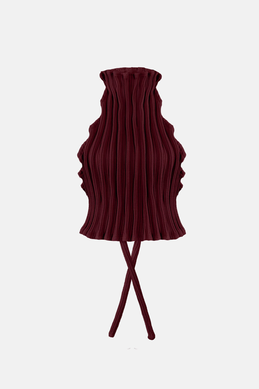 Burgundy Red Ribbed Knit Halter Top Pleated Kargede Designer Halter Top Knitwear GM