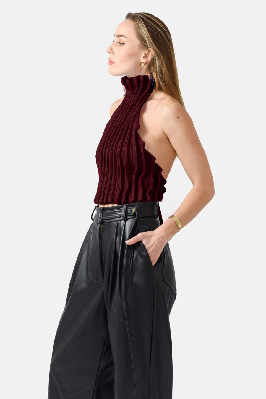 Burgundy Red Ribbed Knit Halter Top Pleated Kargede Designer Halter Top Knitwear Side
