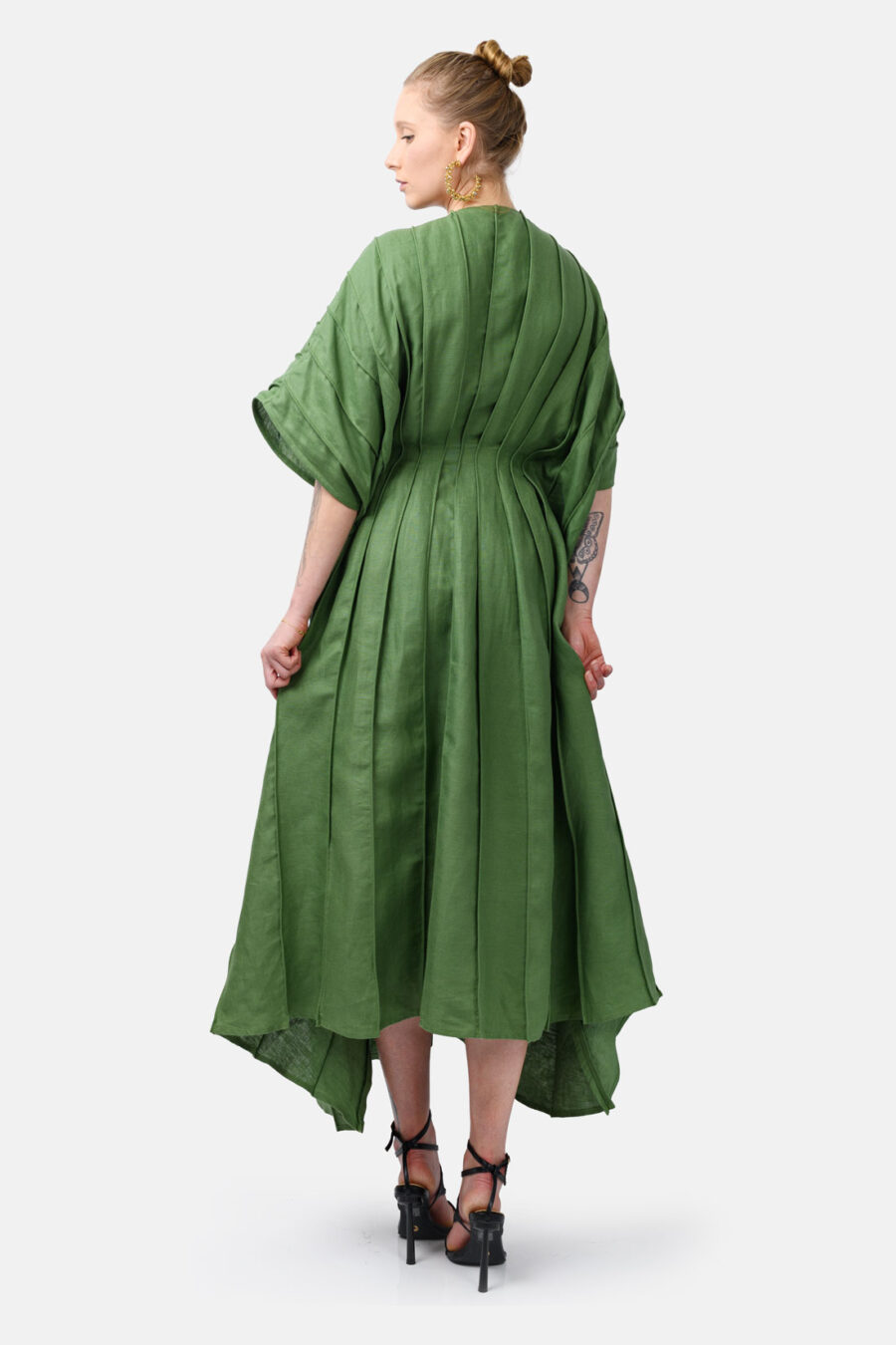 Green Designer Linen Kaftan Dress With Pleated Detail by Kargede Back