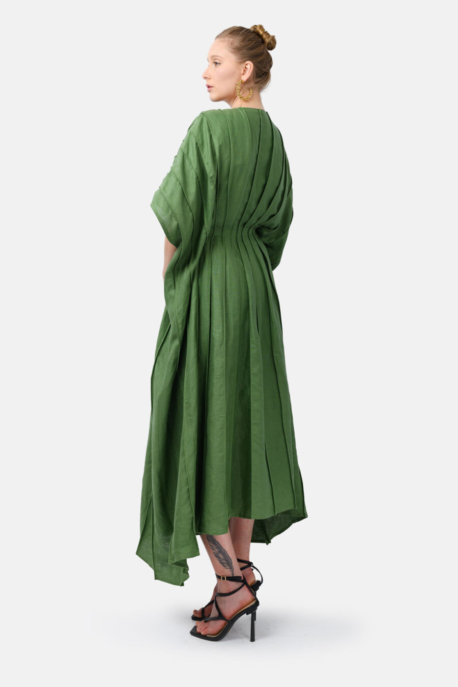 Green Designer Linen Kaftan Dress With Pleated Detail by Kargede Back Side