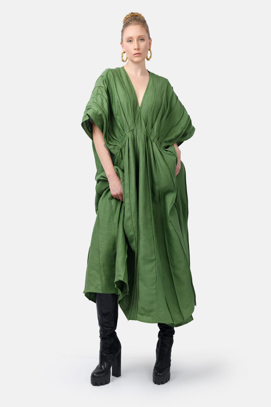 Green Designer Linen Kaftan Dress With Pleated Detail by Kargede Front Ruffled
