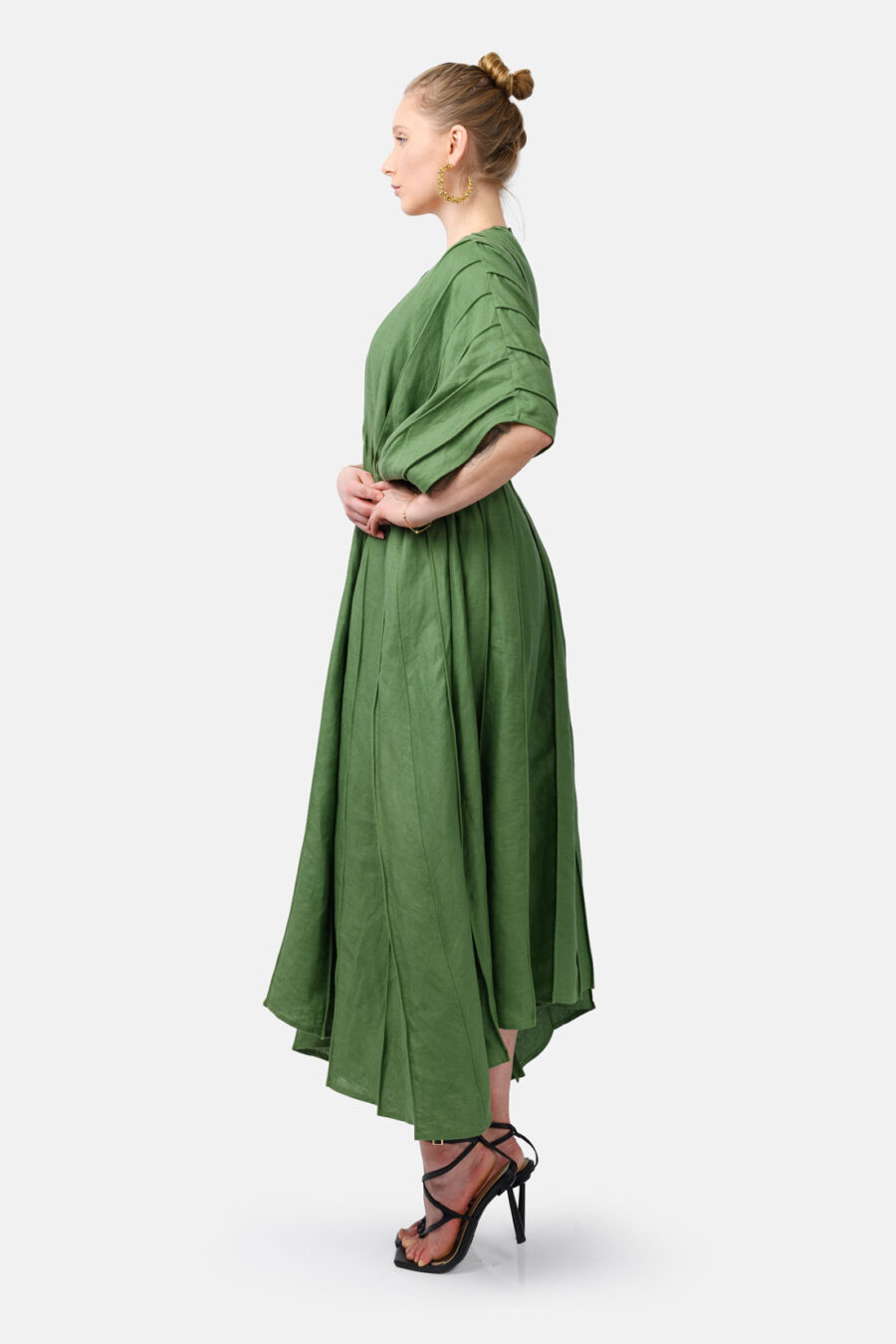 Green Designer Linen Kaftan Dress With Pleated Detail by Kargede Front Side