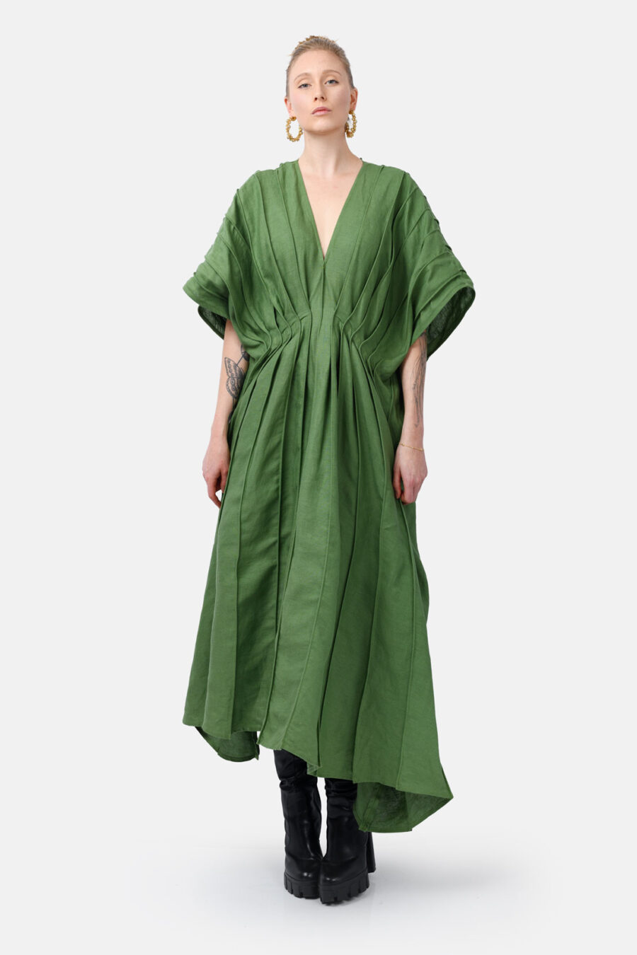Green Designer Linen Kaftan Dress With Pleated Detail by Kargede Front Straight