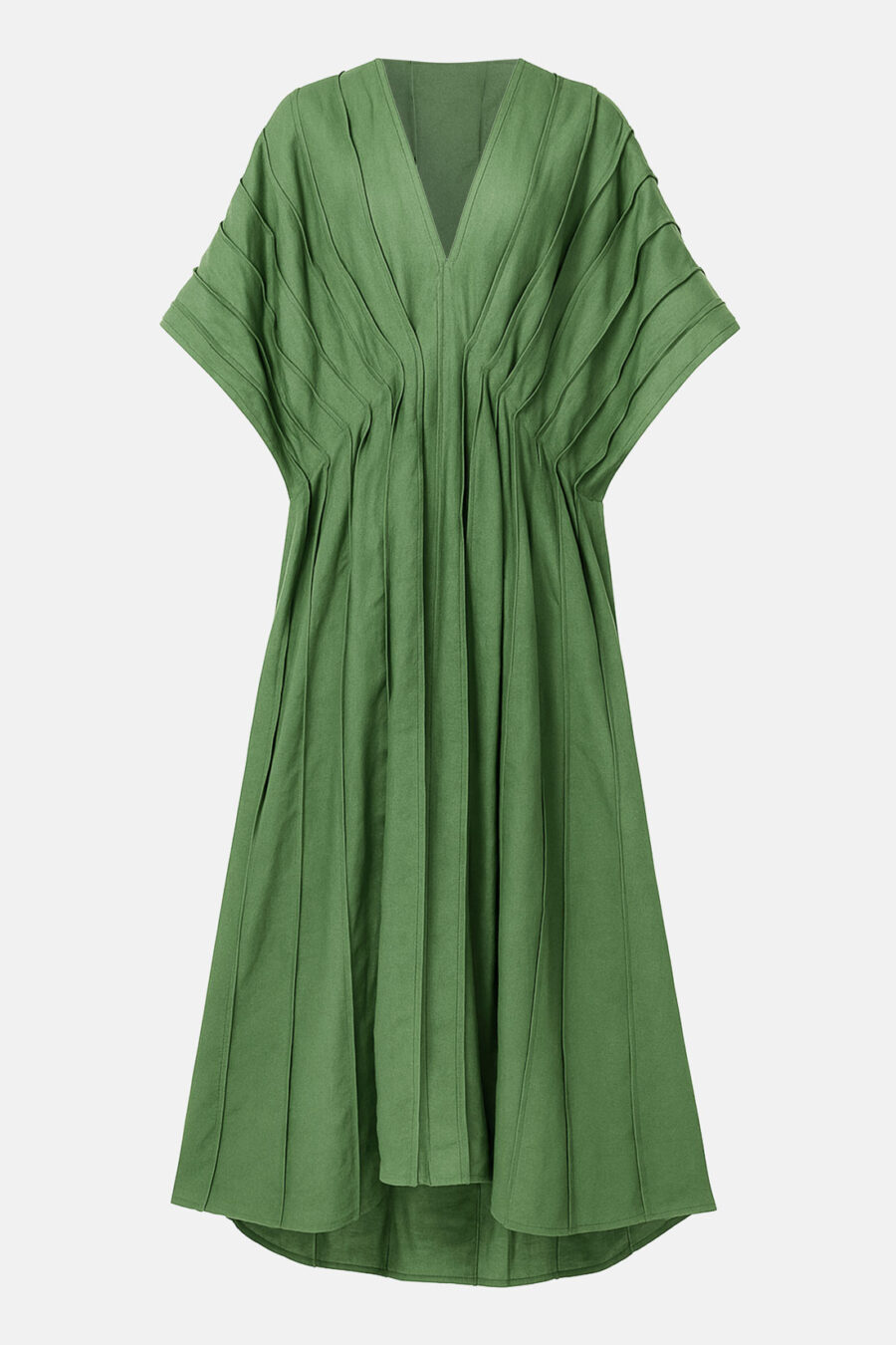 Green Designer Linen Kaftan Dress With Pleated Detail by Kargede Ghost Mannequin
