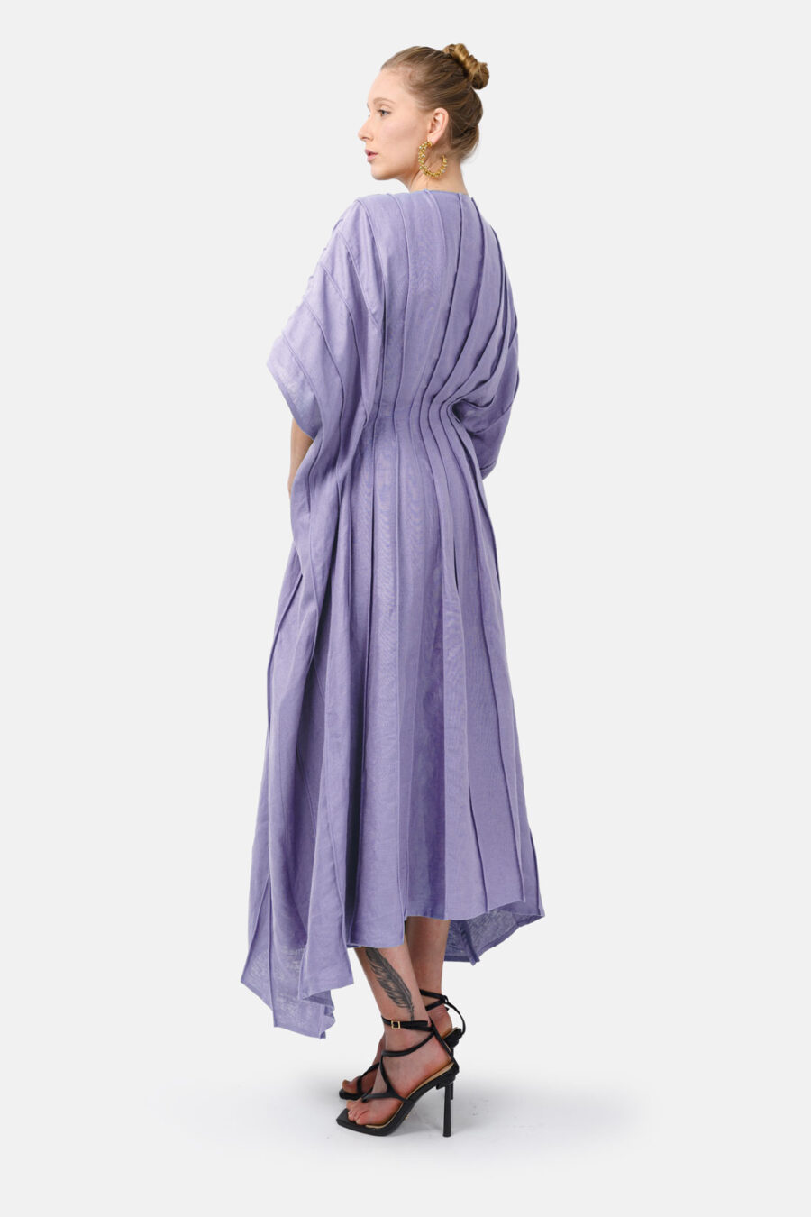 Lilac Designer Linen Kaftan Dress With Pleated Detail by Kargede Back Side