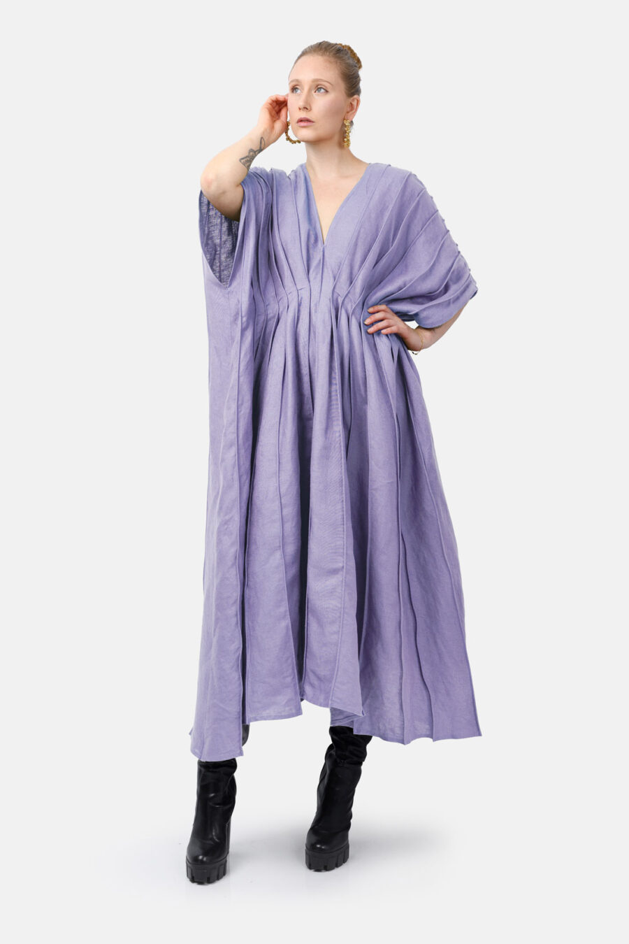 Lilac Designer Linen Kaftan Dress With Pleated Detail by Kargede Front Arm Raised