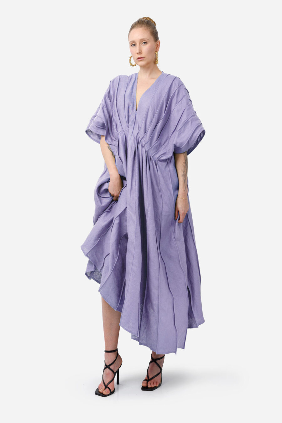 Lilac Designer Linen Kaftan Dress With Pleated Detail by Kargede Front Ruffled