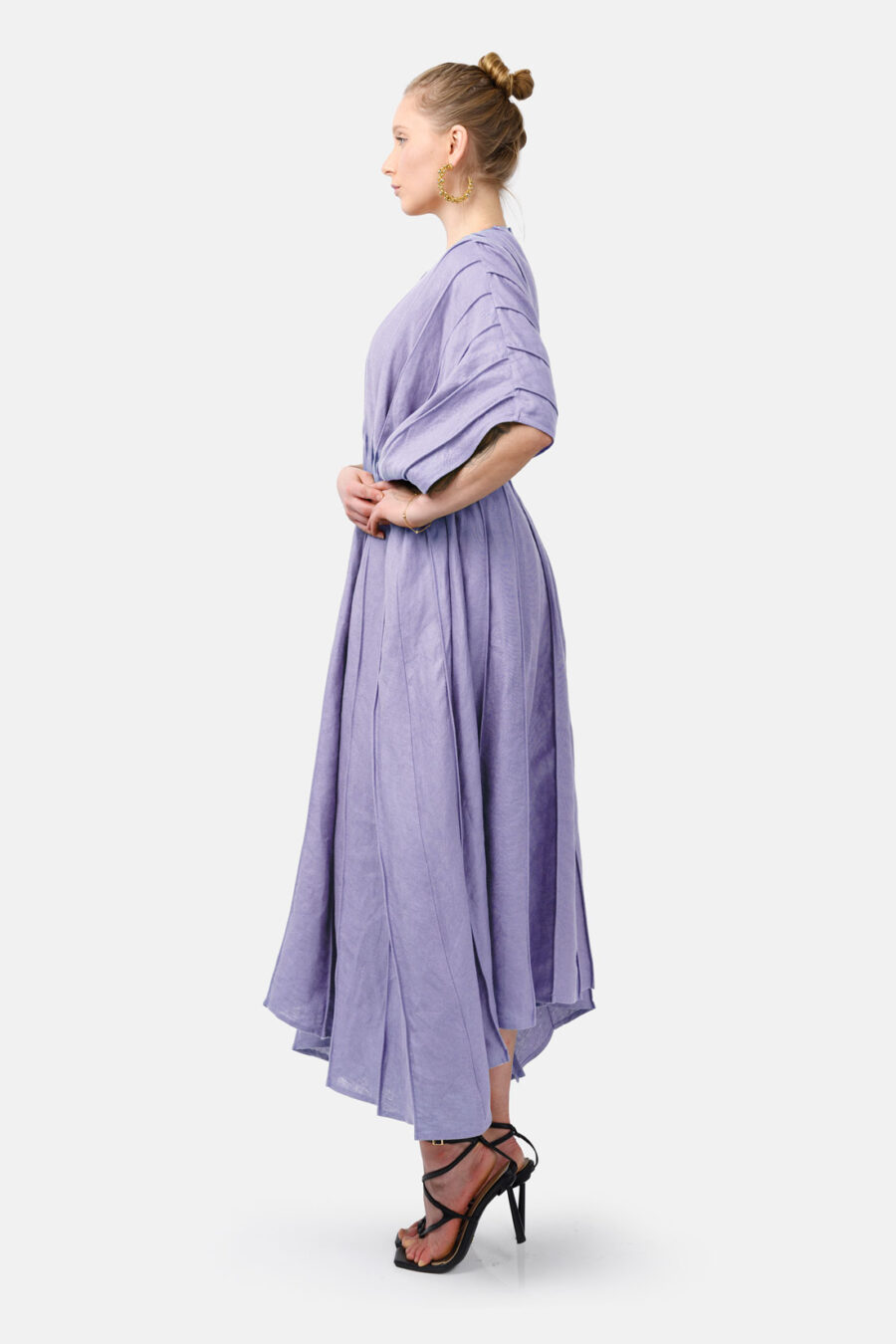 Lilac Designer Linen Kaftan Dress With Pleated Detail by Kargede Front Side