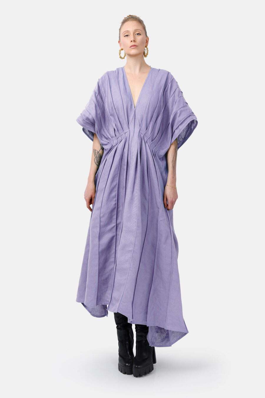 Lilac Designer Linen Kaftan Dress With Pleated Detail by Kargede Front Straight