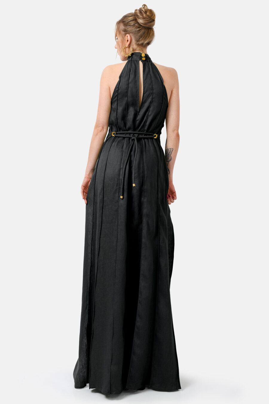 Black Designer Linen Maxi Dress Pleated With Slit and Halter Neck Fit by Kargede Back