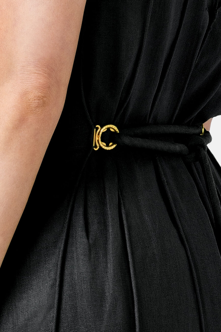 Black Designer Linen Maxi Dress Pleated With Slit and Halter Neck Fit by Kargede Detail