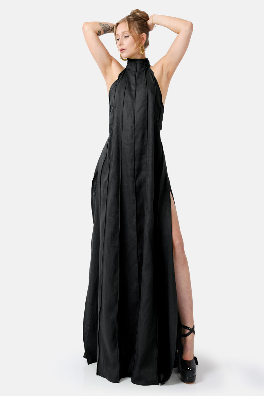 Black Designer Linen Maxi Dress Pleated With Slit and Halter Neck Fit by Kargede Front Creative