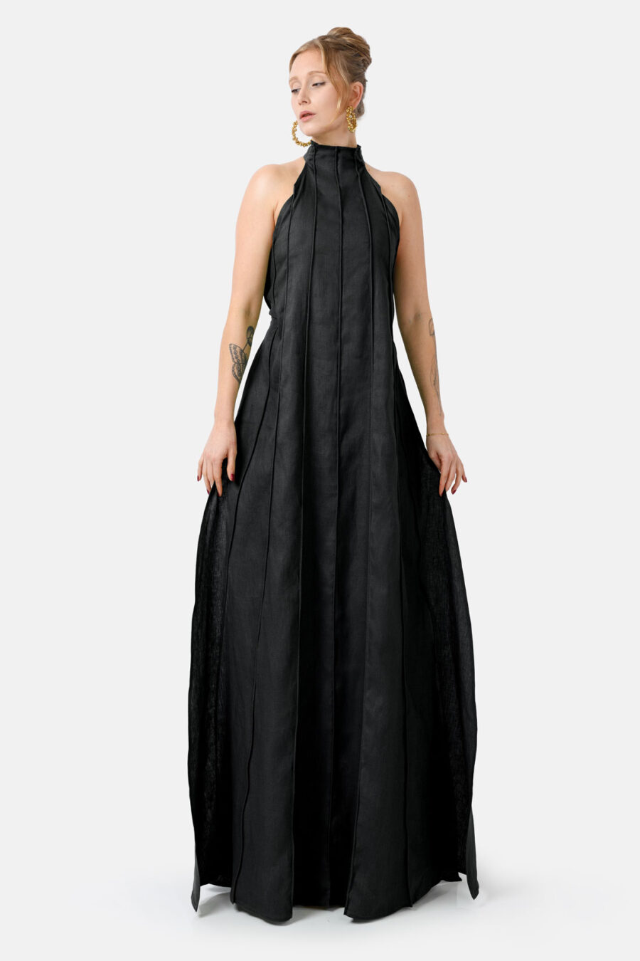 Black Designer Linen Maxi Dress Pleated With Slit and Halter Neck Fit by Kargede Front Flared